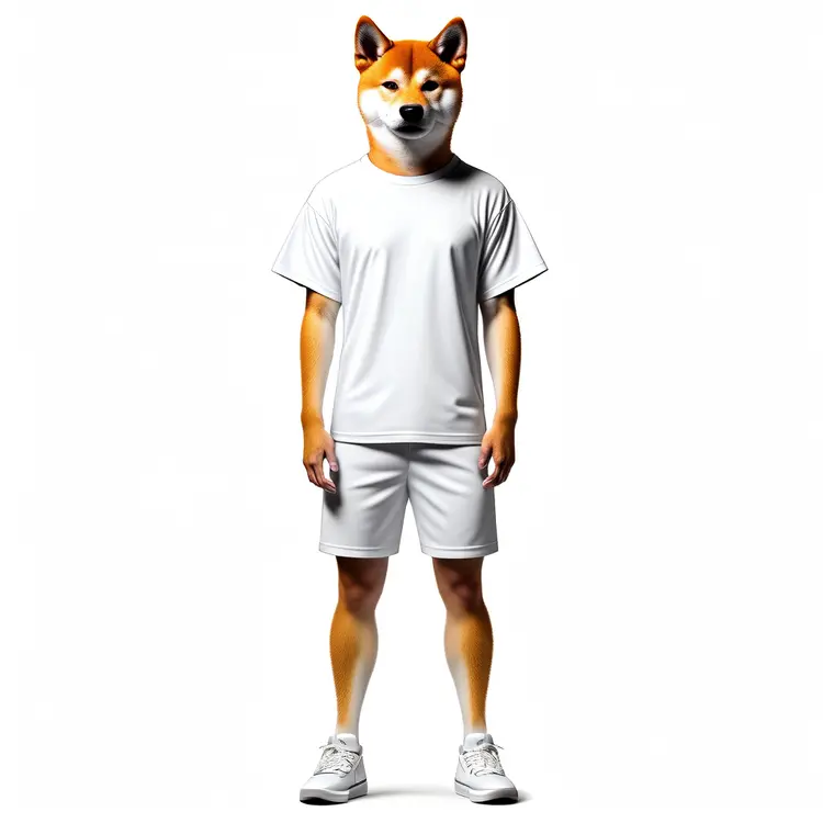 A very detailed and realistic full body photo set of a tall, slim, and athletic Shiba Inu in a white oversized straight t-shirt, white shorts, and short white shoes.