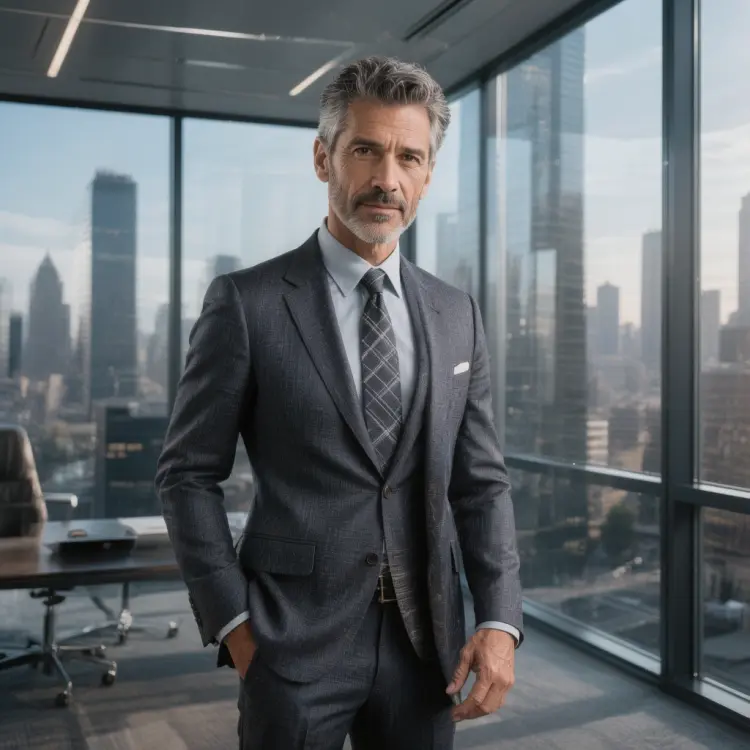 A middle-aged man with salt-and-pepper hair, dressed in a tailored suit, stands in a modern office with floor-to-ceiling windows overlooking the city skyline, confident expression, professional headshot, dramatic side lighting