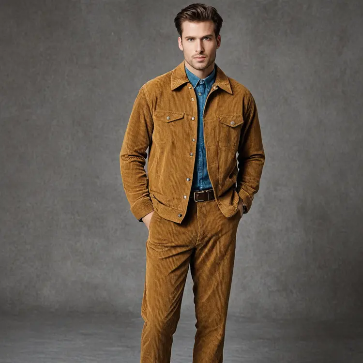 a man wearing a corduroy outfit at a fashion photoshoot
