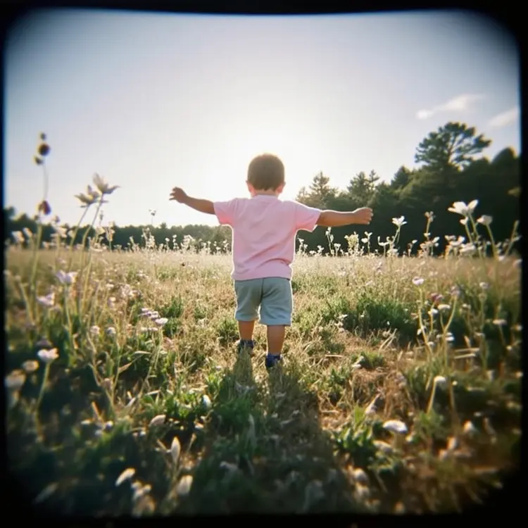 Act1vate! A child running through a field of wildflowers with the sun behind them.