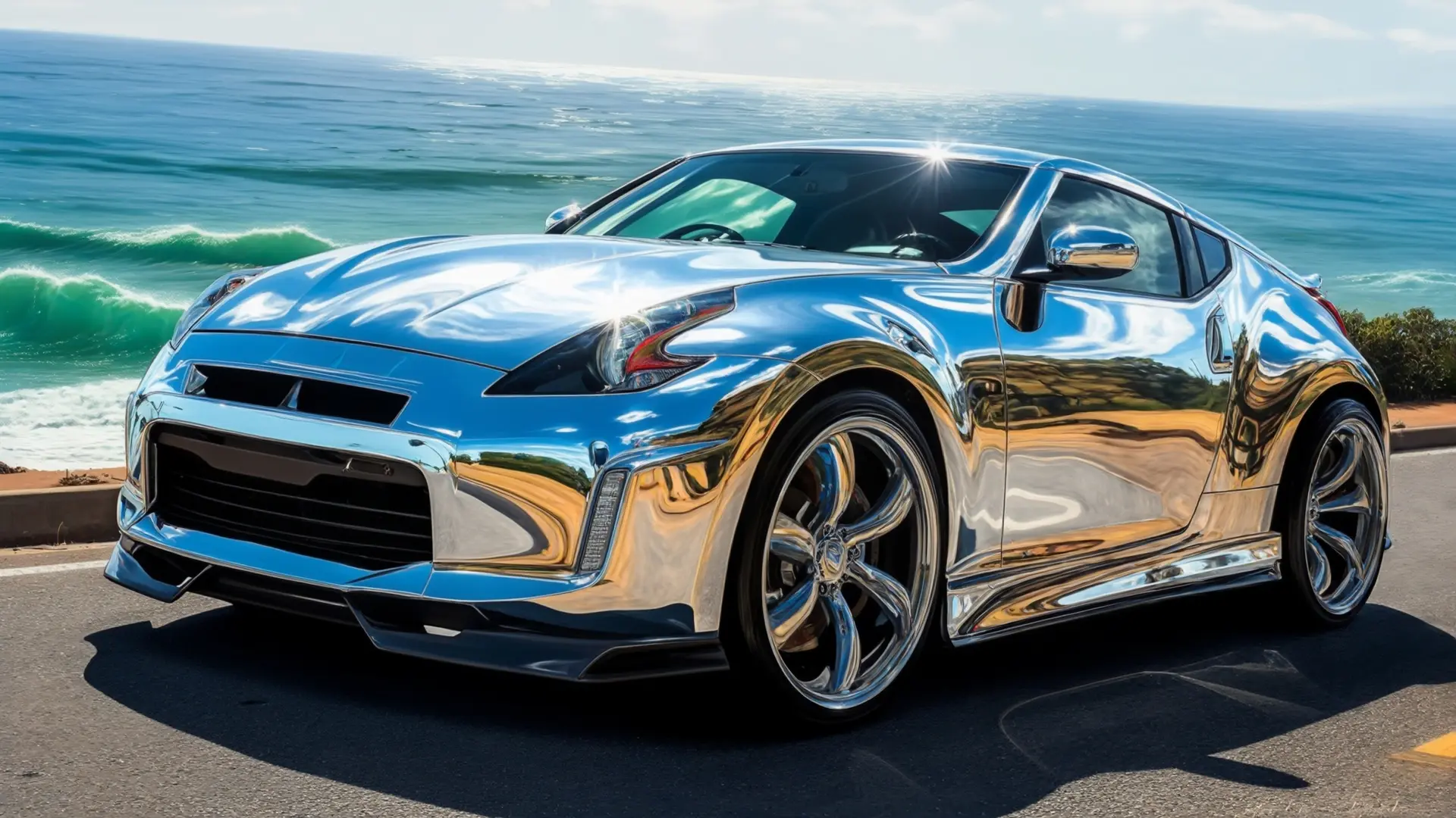 chrome sports car by the sea