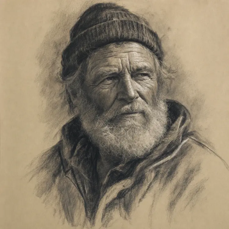 Charcoal portrait sketch of a weathered old fisherman