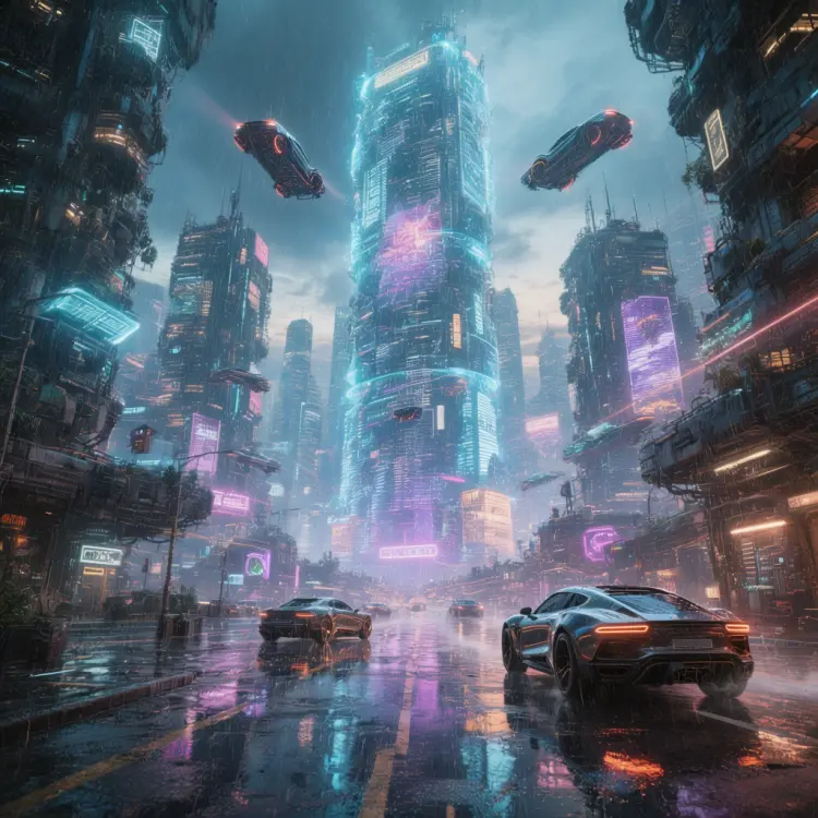 A cyberpunk cityscape at night with towering holograms and flying cars, neon glow reflecting on wet streets after rain, dystopian atmosphere, wide-angle distortion, rendered in Unreal Engine style, high dynamic range, volumetric lighting.