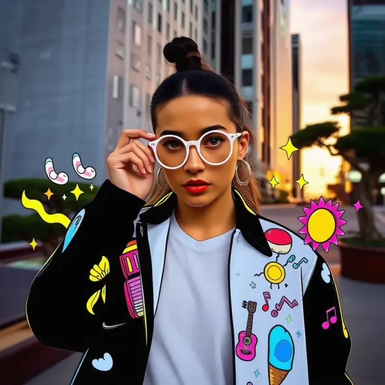 In the style of TOK, a vibrant urban streetwear photo of a woman, white shirt, editorial featuring an edgy, fashion-forward model in a dramatic action pose, adjusting quirky 90s round sunglasses while giving a direct, intense gaze. Set in futuristic Tokyo at sunset, with towering marble structures and sculpted bonsai trees. The model wears a eye-catching, pop art-inspired jacket adorned with whimsical, cartoon-like illustrations. Surrounding the subject, a playful mix of animated doodles including Neon-outlined daisies, swirling smoke tendrils, stylized flames, kawaii ice cream cones, glittery sparkles, electric guitar silhouettes, floating music notes, colorful stars, bubble letters, emoji-style suns, abstract squiggles, and graffiti-style tags. The overall aesthetic blends eclectic streetwear with digital art, creating a funky, contemporary vibe that's both expressive and unconventional.