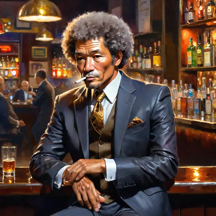 (impressionistic realism by csybgh), a 50 something male, working in banking, very short dyed dark curly balding hair, Afro-Asiatic ancestry, talks a lot but listens poorly, stuck in the past, wearing a suit, he has a certain charm, bronze skintone, sitting in a bar at night, he is smoking and feeling cool, drunk on plum wine, masterpiece, 8k, hyper detailed, smokey ambiance, perfect hands AND fingers