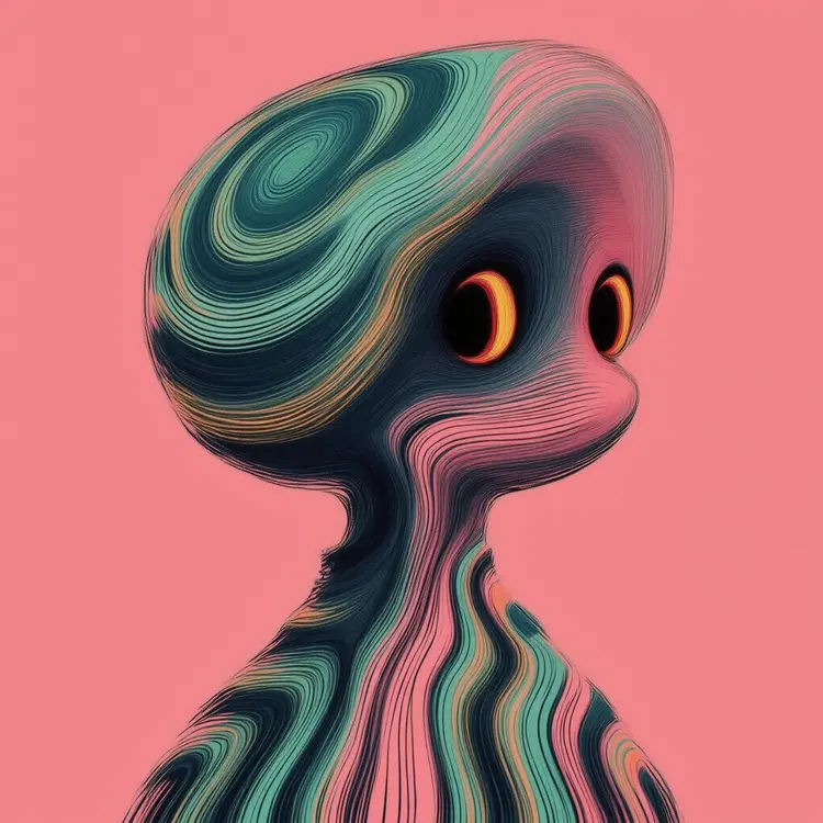 Tropical ABSRTBNGS abstract being with phosphorescent coral pink and seafoam green accents, illustrated with brass-tinted outlines on magenta background.