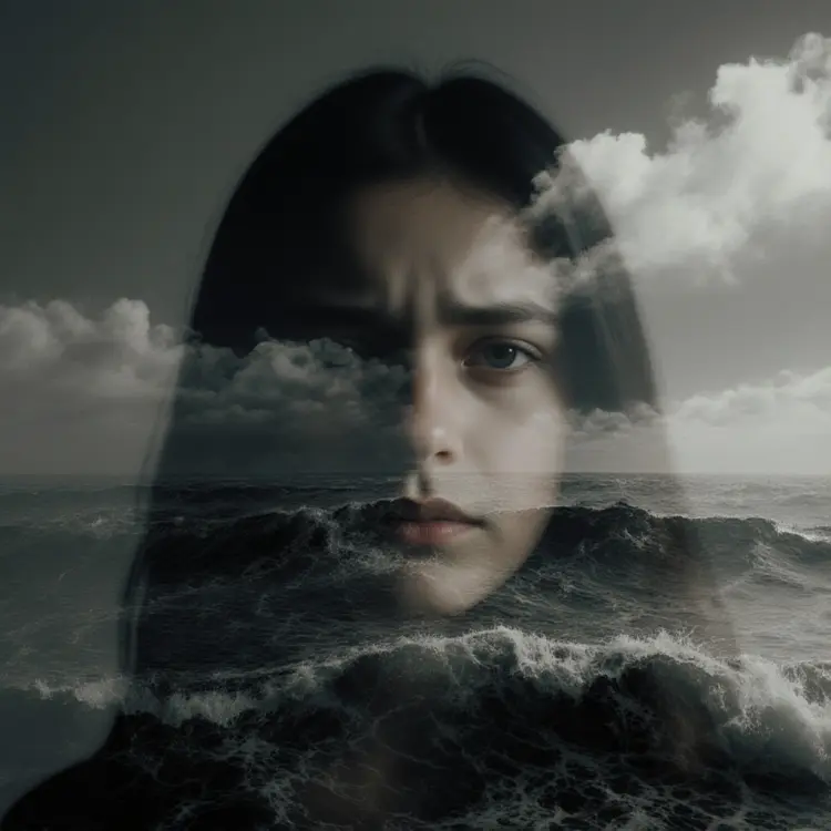 a double exposure photo of a dimly lit close up emotional portrait and a dramatic and epic stormy seascape, the two images seamlessly merge into one