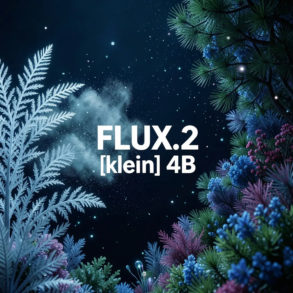 A surreal underwater or cosmic garden scene with bioluminescent flora against a deep navy blue to black background. Delicate, feather-like structures in pale icy blue and white emerge from the left side, resembling ethereal ferns or coral fronds with intricate fractal patterns. These luminous fronds transition into a cloud-like dispersal of particles and spores floating through the dark space, creating a dreamy, ethereal atmosphere. On the right side, dense clusters of vegetation in deep greens, blues, and purple-pink tones form an organic canopy. The foliage includes pine-like needles, flowering bushes in blue and magenta hues, and various plant forms creating depth and texture. Small glowing particles and orbs of light are scattered throughout the scene like floating pollen or bioluminescent plankton. The overall composition creates a mystical, otherworldly environment that blends elements of deep sea bioluminescence with alien botanical landscapes. Cinematic lighting with cool color palette dominated by blues, teals, and deep greens. Photorealistic rendering with soft focus effects and atmospheric depth. With large white text in the center: "FLUX.2 [klein] 4B"