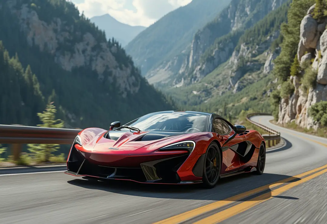 A sleek sports car on a mountain road, photorealistic