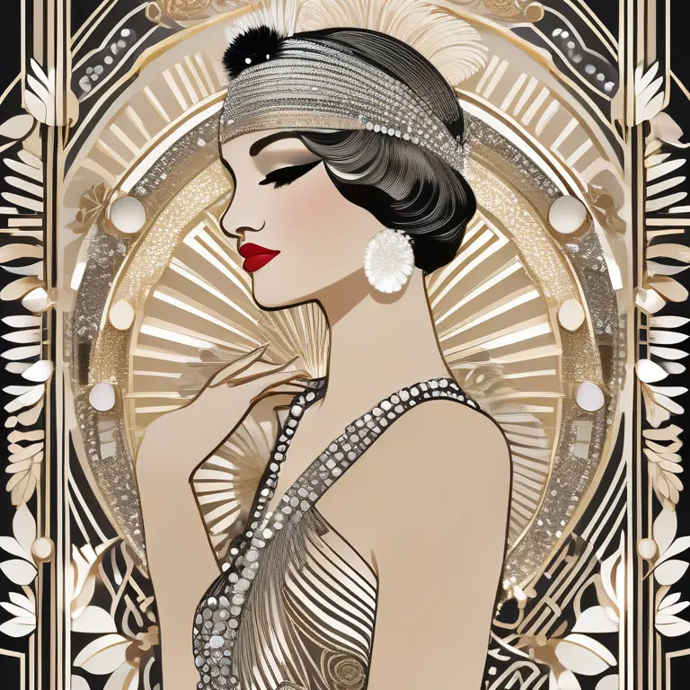 LINE ART, An elegant woman in a 1920s flapper dress, pearls, and a feathered headband, capturing the Roaring Twenties, sleek black lines on a champagne paper, 2D sketched, stylish and ornate, jazz club in the backdrop, lively and decadent, reminiscent of Art Deco, chic, the Jazz Age embodied, detailed depiction of sequins and fringes, ornate backdrop, figure in a dynamic pose, emphasis on fashion, intricate, celebratory, golden age, graphic, precision in detailing, gleaming chandeliers above.