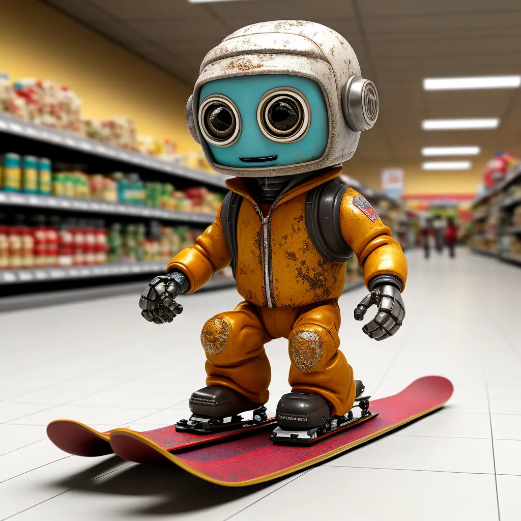 an old rusted robot wearing pants and a jacket riding skis in a supermarket.
