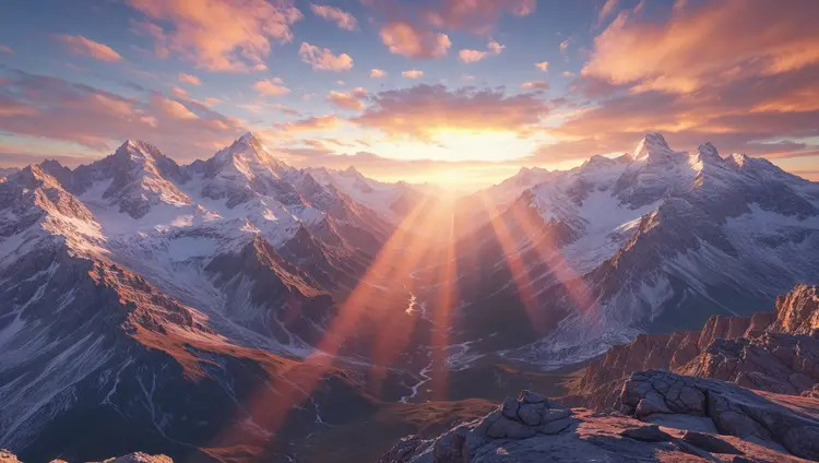A majestic mountain landscape at sunset with snow-capped peaks reflecting golden light