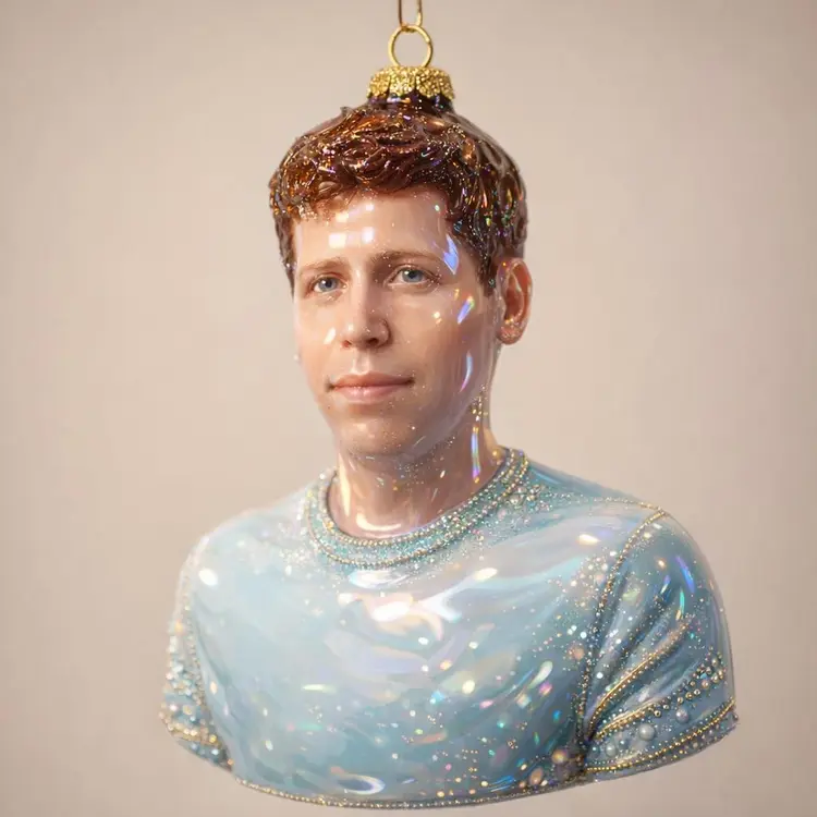 Turn me into an ornament sculpted from glossy molded glass, finished in a high-shine lacquer that catches light from every angle. Its surface feels perfectly smooth and cool, with a weight that suggests fragility and permanence at once. The coating is a lustrous enamel, somewhere between ceramic and candy shell — reflective enough that small highlights bloom across its curves like soft sparks.

Tiny metallic embellishments trace the outlines of form and texture — dots, lines, and filigree patterns that shimmer as they move. These are applied with fine glittering paint or microbeads, giving the sense of hand-finished ornamentation; the shimmer isn't flat, but layered, so the light seems to dance over raised details.

The whole piece radiates a feeling of retro kitsch luxury: vivid color blocked against gleaming accents, playful yet deliberate. There's a subtle iridescence where curves catch light — hints of gold, rose, and pearl. The finish feels almost edible, like glazed sugar or melted candy poured into shape.

Suspended from a delicate gold loop and string, the ornament hovers with a gentle theatricality, equal parts festive and sculptural. It's the kind of object that feels both iconic and humorous, a statement piece meant to sparkle under tree lights or studio lamps — an embodiment of camp elegance and handcrafted nostalgia.