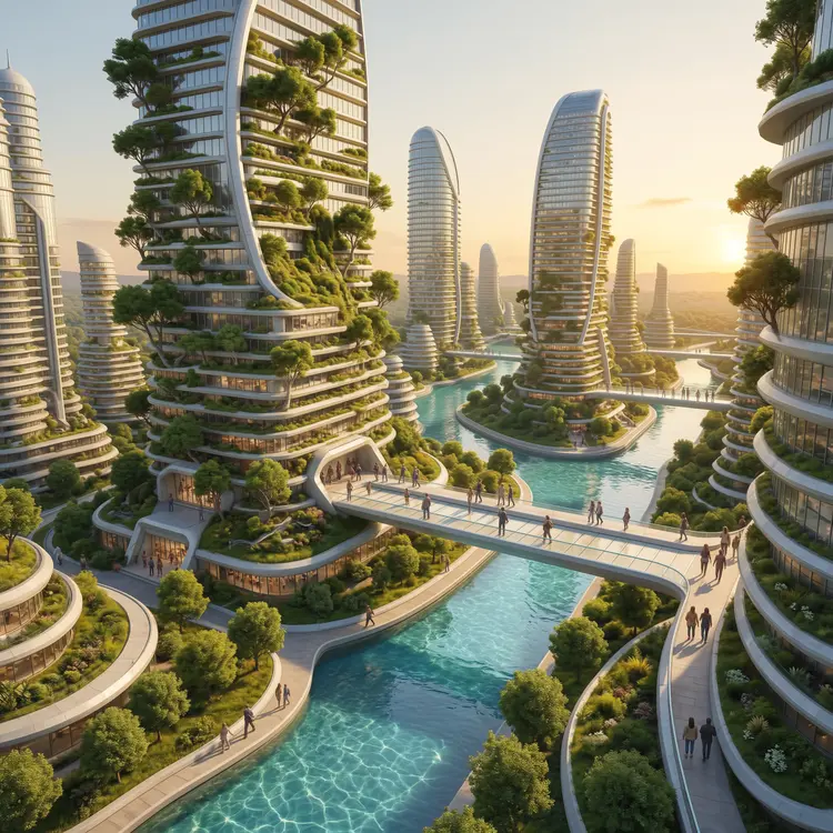 A grand architectural photograph of a futuristic solarpunk city, massive living buildings covered in vertical gardens and trees, crystal-clear rivers flowing between structures, people walking on sky bridges, golden afternoon light, ultra-detailed 4K rendering