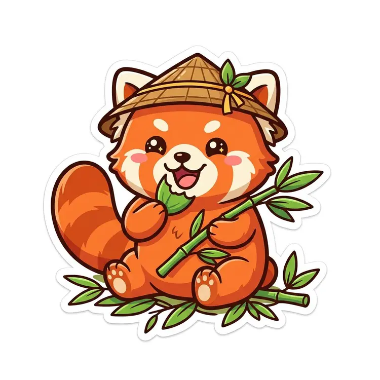 A kawaii-style sticker of a happy red panda wearing a tiny bamboo hat, munching on a green bamboo leaf. Bold clean outlines, simple cel-shading, vibrant color palette. White background.