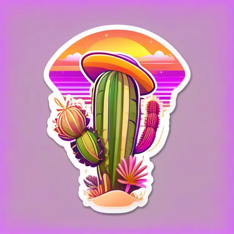 STICKER, An energetic portrayal of a dancing cactus with a sombrero, amidst a desert sunset, warm twilight glow, summer festival 2024, gradient orange to purple hues, 3D digital drawing, cheerful and vibrant, desert fiesta theme, cartoon shading, glittering sand effect, using Autodesk SketchBook, sticker, 2D animated, lively desert, vector illustration, 2D front view, spotlighted by the setting sun, by Hayao Miyazaki, playful, bright, festive, graphic, outlined edges, vector design.