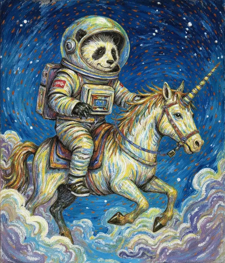 Using this style, a panda astronaut riding a unicorn