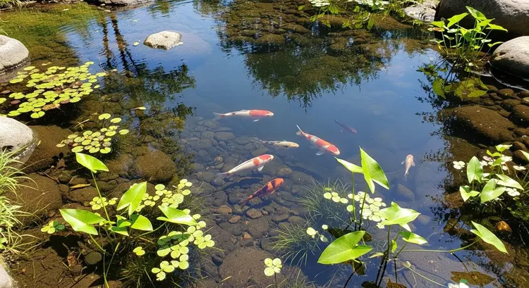 A serene, shallow pool nestled among creek rocks, with several small koi fish playfully swimming under sunlight. The water reflects a clear blue sky and tree tops above. Lush aquatic plants sway gently, clearly visible beneath the surface