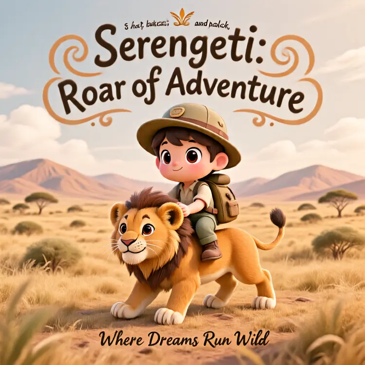 A wildlife poster design for the Serengeti plains features a central illustration of a chibi-style explorer riding a lion cub, set against a backdrop of rolling hills. At the top of the composition, the title "Serengeti: Roar of Adventure" is displayed in a large, whimsical font with decorative, swirling letters. The main scene depicts a wide-eyed chibi explorer, characterized by a large head and a small body, sitting atop a friendly lion cub. The explorer wears a green explorer's hat, a backpack, and holds onto the cub's mane, looking forward with a look of wonder. The lion cub, with a light brown mane and a smiling expression, strides forward, its body rendered in warm orange tones. In the background, the Serengeti plains are illustrated with rolling hills and savanna grass, all in shades of warm yellow and soft brown. Below the main illustration, the tagline "Where Dreams Run Wild" is written in a smaller, elegant script. The overall presentation is that of a poster design, combining a cute chibi illustration style with playful, whimsical typography.