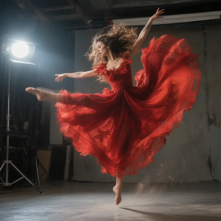A professional dancer in a flowing red dress mid-leap in a studio, high-energy freeze-frame, dramatic chiaroscuro lighting