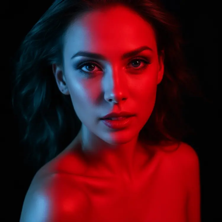 a women, the subject is red, in a red photo, red and black duotone image, red wash, red light, red lens, extreme close up, a dark black empty background, closeup, dramatic lighting with a strong red hue that gives the image a moody and intense atmosphere. red color filter, high contrast image