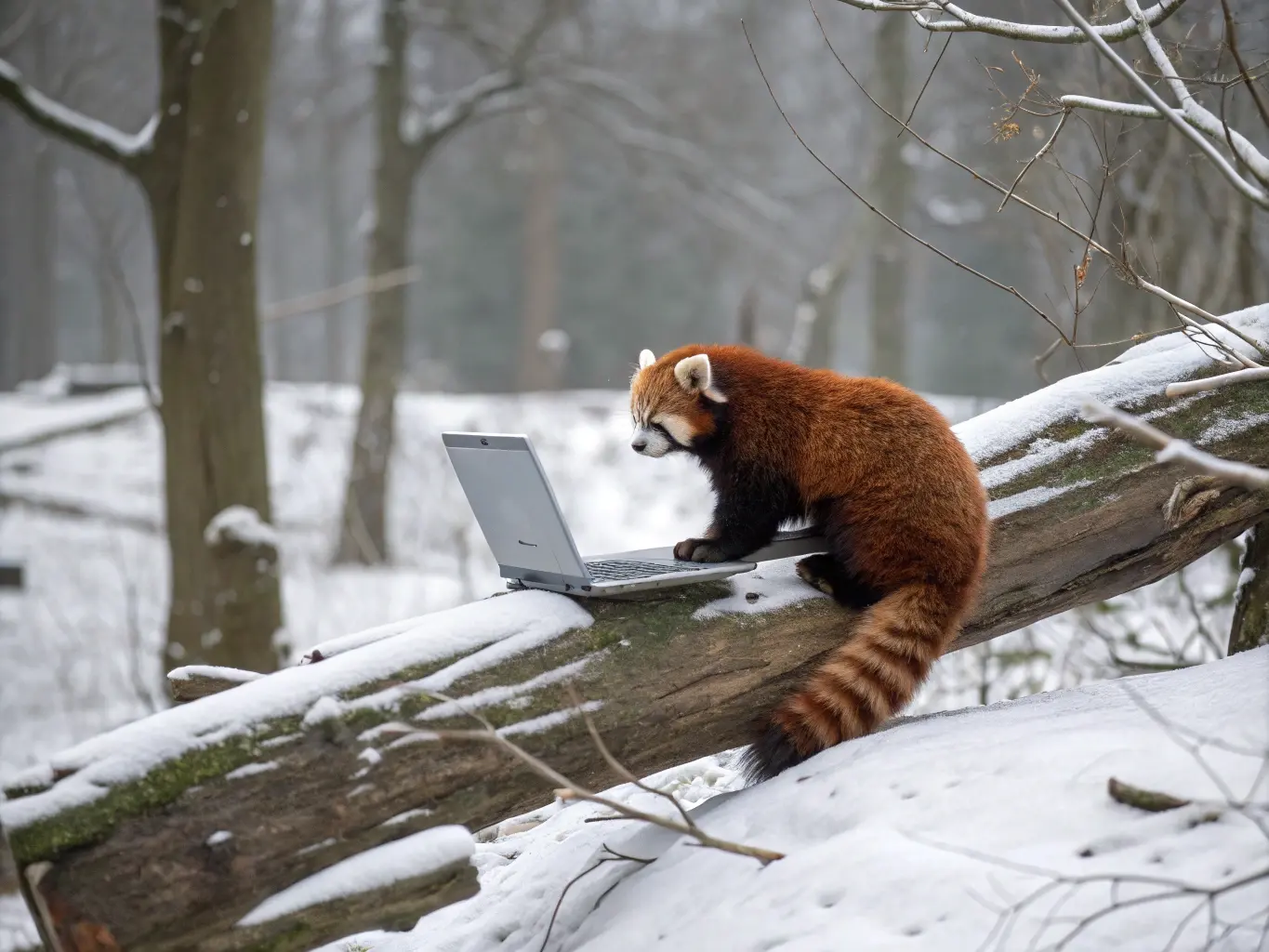 a wildlife photography photo of a red panda using a laptop in a snowy forest