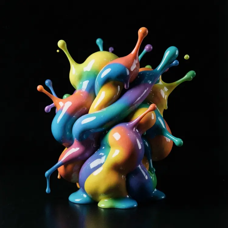 Hyper realistic 3D abstract glossy sculpture with smooth liquid like shapes thick twisted forms blobs drips and splash style protrusions like melted lacquer or glossy resin. Interconnected organic shapes bending and stretching dynamically. Colors are replaced with a new surprising palette. Strong studio lighting with intense highlights and soft internal shadows emphasizing a wet plastic shine. Solid pure black background no noise no texture high contrast minimal composition. melancholic, timeless, and very atmospheric street photography style, with prominent film grain.