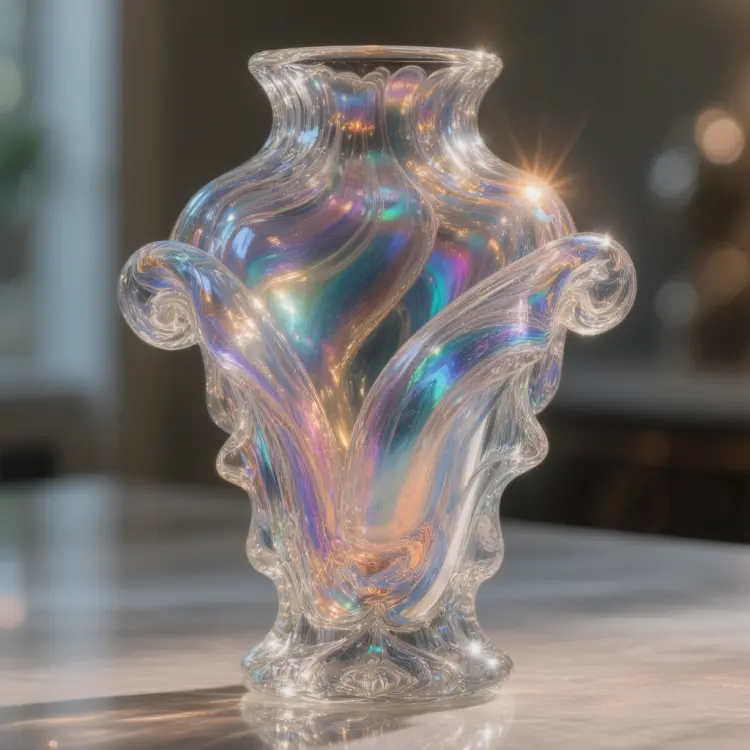 A handblown glass vase in iridescent Murano style, swirling colors catching light, elegant curves, still life composition on a reflective surface