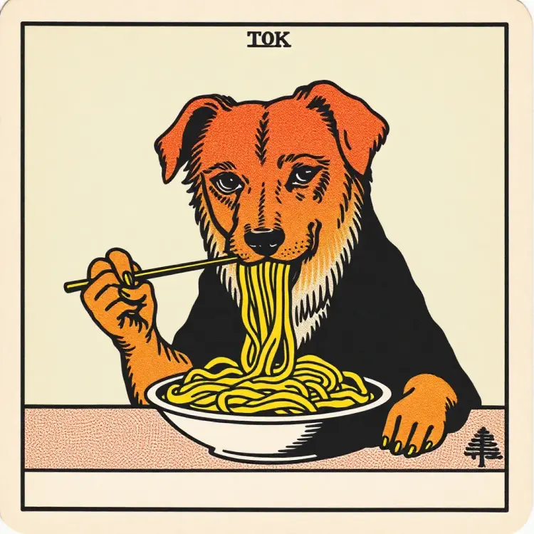 a dog eating pasta, in the style of TOK a trtcrd, tarot style