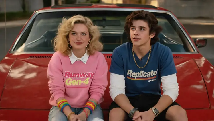 a close up portrait of @woman and @man sitting on the hood of a red 1980s sports car
