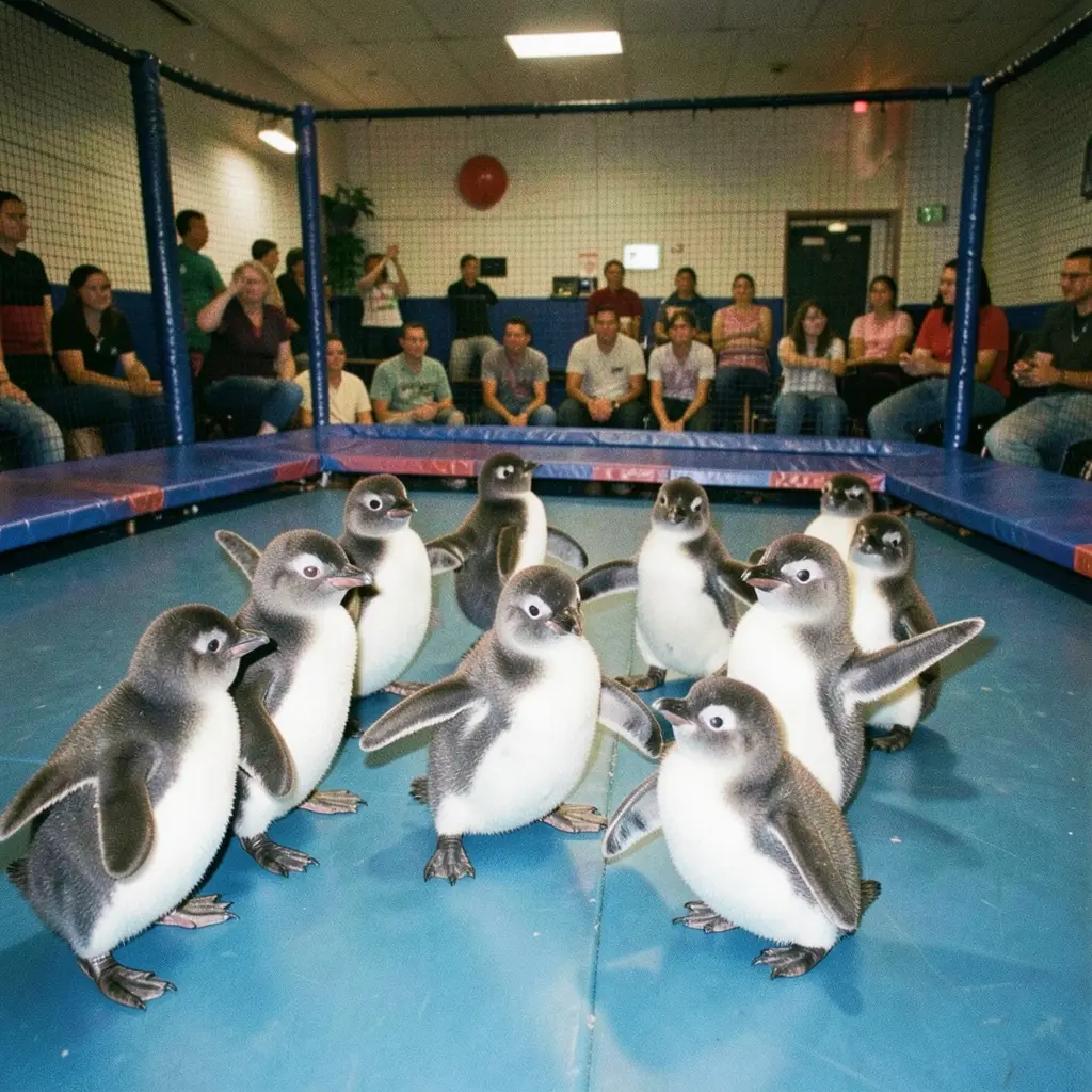 A group of baby penguins in a trampoline park, having the time of their lives, 80s vintage photo