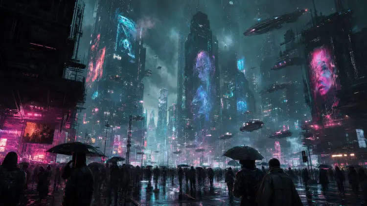 Cyberpunk megacity street in the rain at night