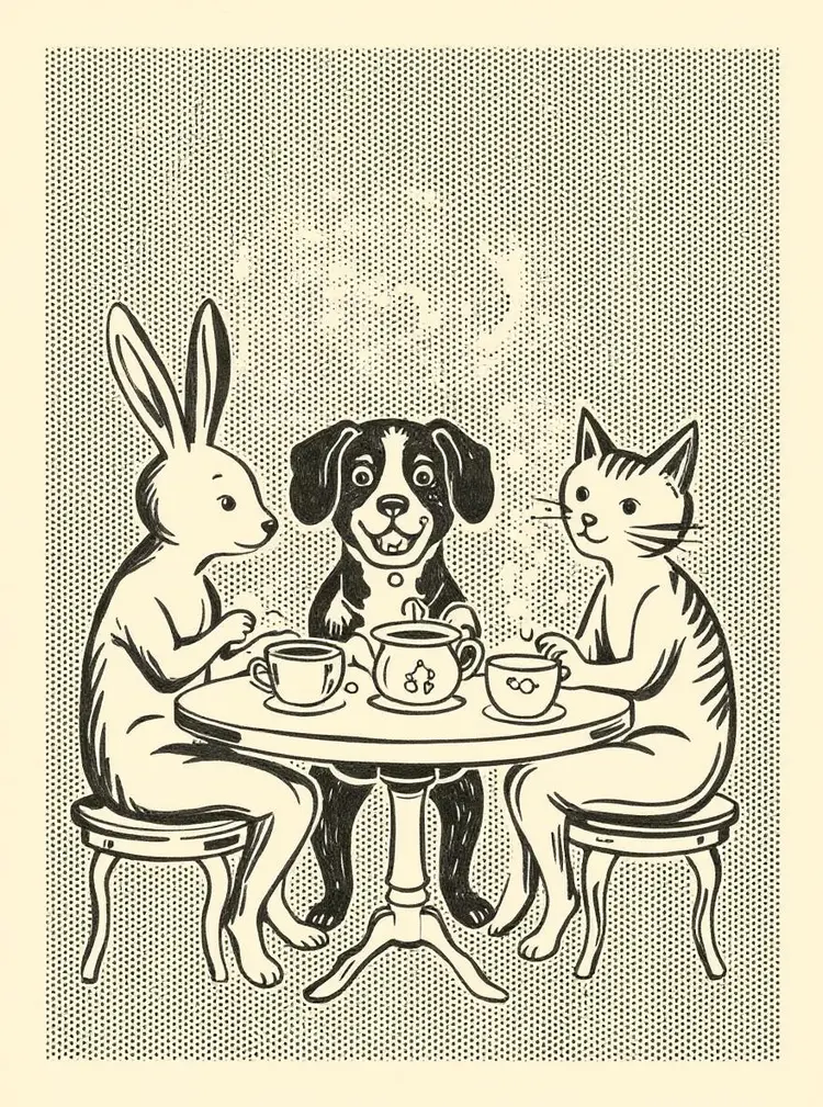 Using this style, a bunny, a dog and a cat are having a tea party seated around a small white table
