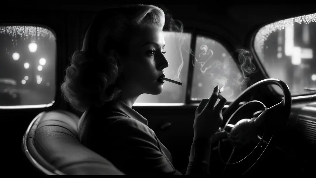 cinematic still, film noir, 1940s, woman driving a car and smoking a cigarette