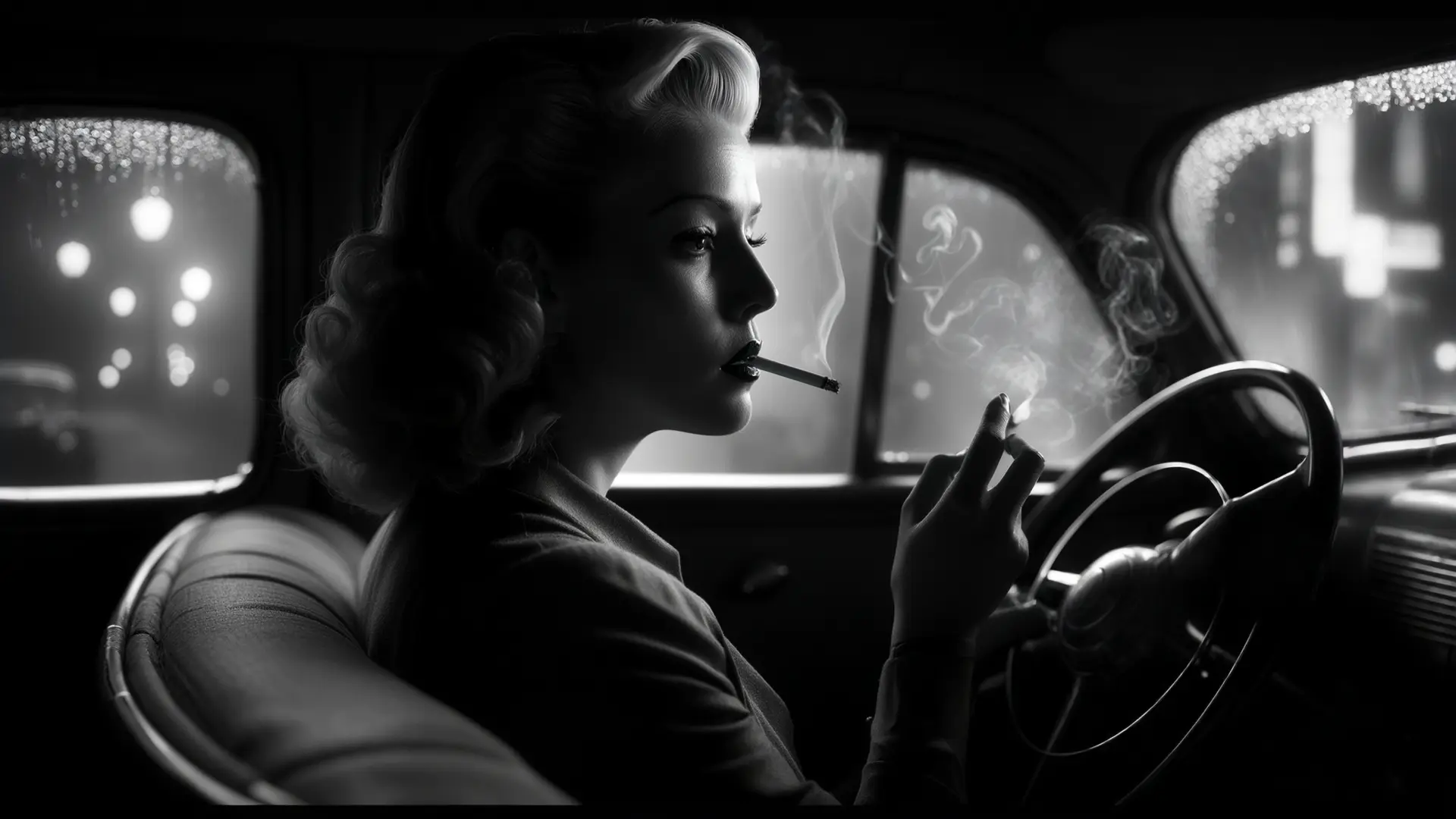 cinematic still, film noir, 1940s, woman driving a car and smoking a cigarette
