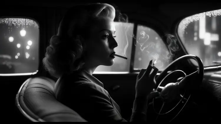 cinematic still, film noir, 1940s, woman driving a car and smoking a cigarette