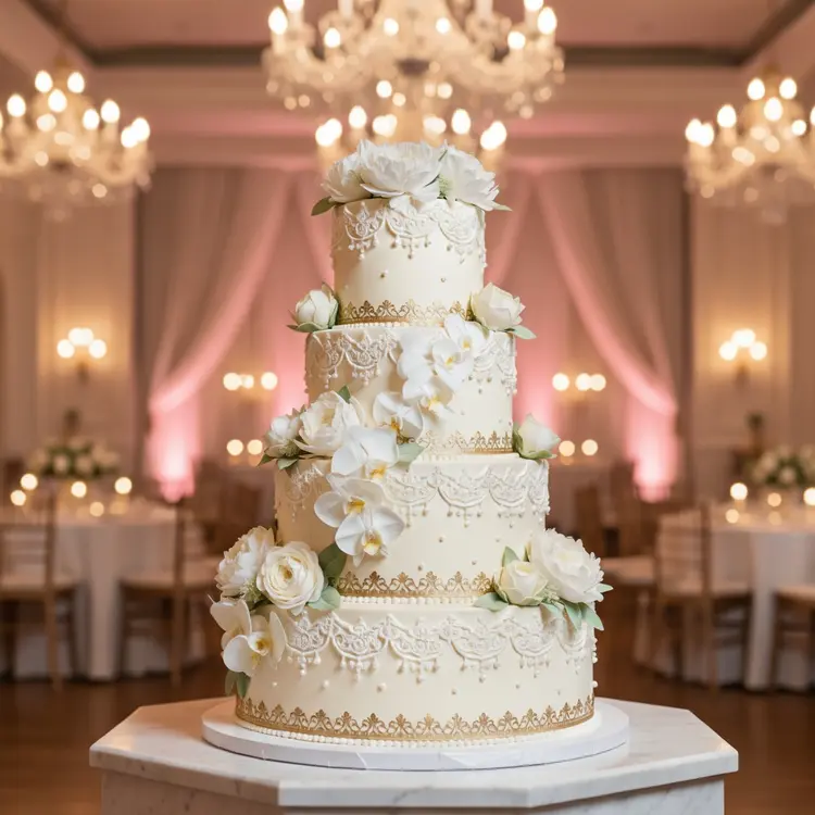 A breathtaking multi-tiered white wedding cake displayed on a marble pedestal in an elegant ballroom. The cake is frosted in flawless ivory buttercream with delicate hand-piped lace patterns, subtle pearl accents, and cascading sugar flowers—white roses, peonies, and orchids—intertwined with soft green leaves. Fine gold filigree traces the edges of each tier, catching the warm ambient light from crystal chandeliers above. The background is softly blurred with glowing candles, sheer drapery, and hints of a romantic reception setting. Hyper-realistic food photography style, ultra-fine texture detail, soft diffused lighting, shallow depth of field, pastel color palette, cinematic composition, 8k resolution.