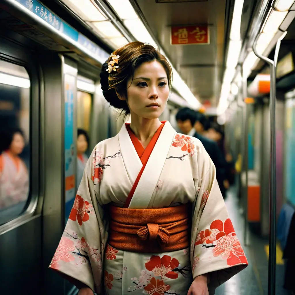 cinematic film still of Kodak Motion Picture Film: (Sharp Detailed Image) An Oscar winning movie for Best Cinematography a woman in a kimono standing on a subway train in Japan Kodak Motion Picture Film Style, shallow depth of field, vignette, highly detailed, high budget, bokeh, cinemascope, moody, epic, gorgeous, film grain, grainy
