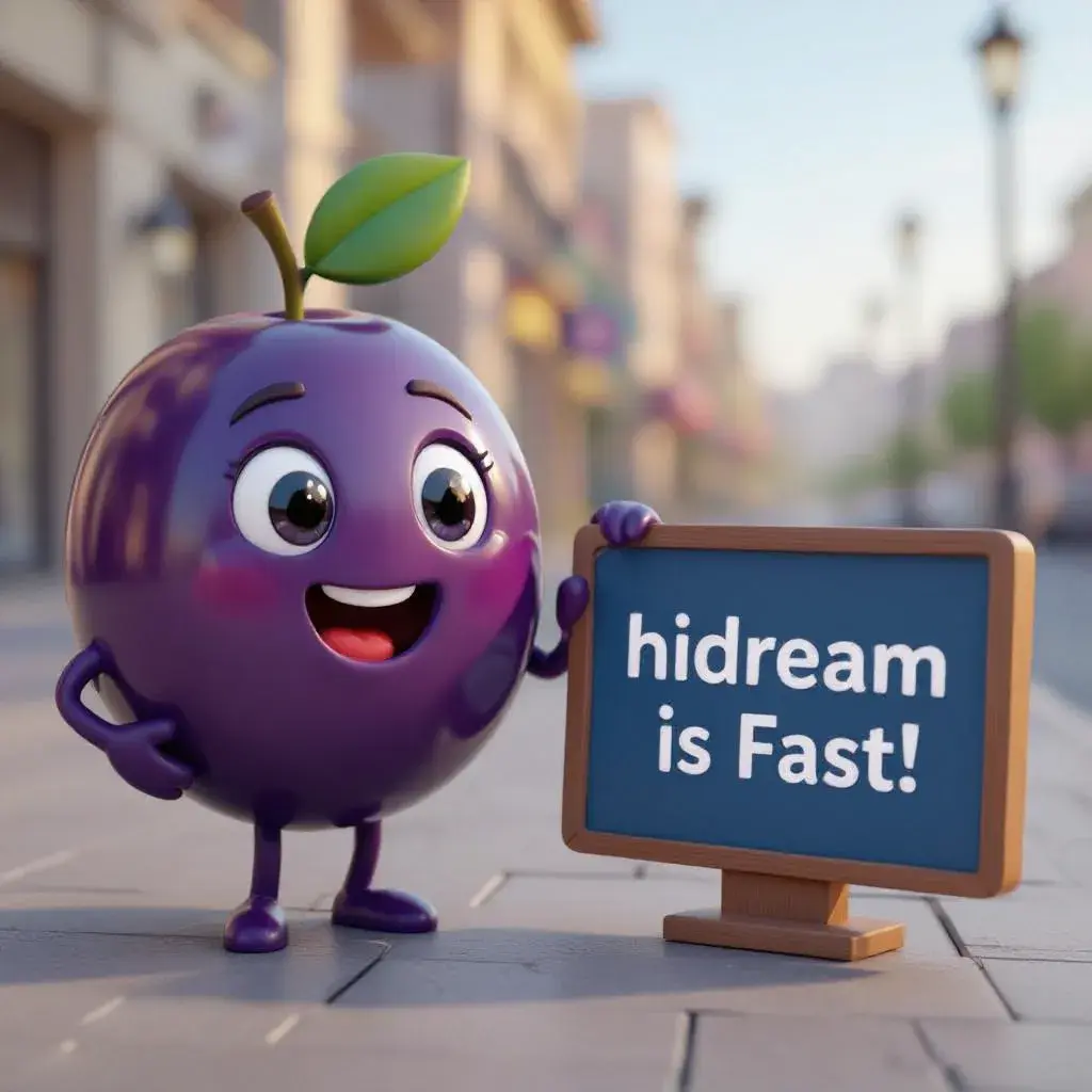 a happy spherical purple prune emoji and a sign that says "hidream is Fast!"