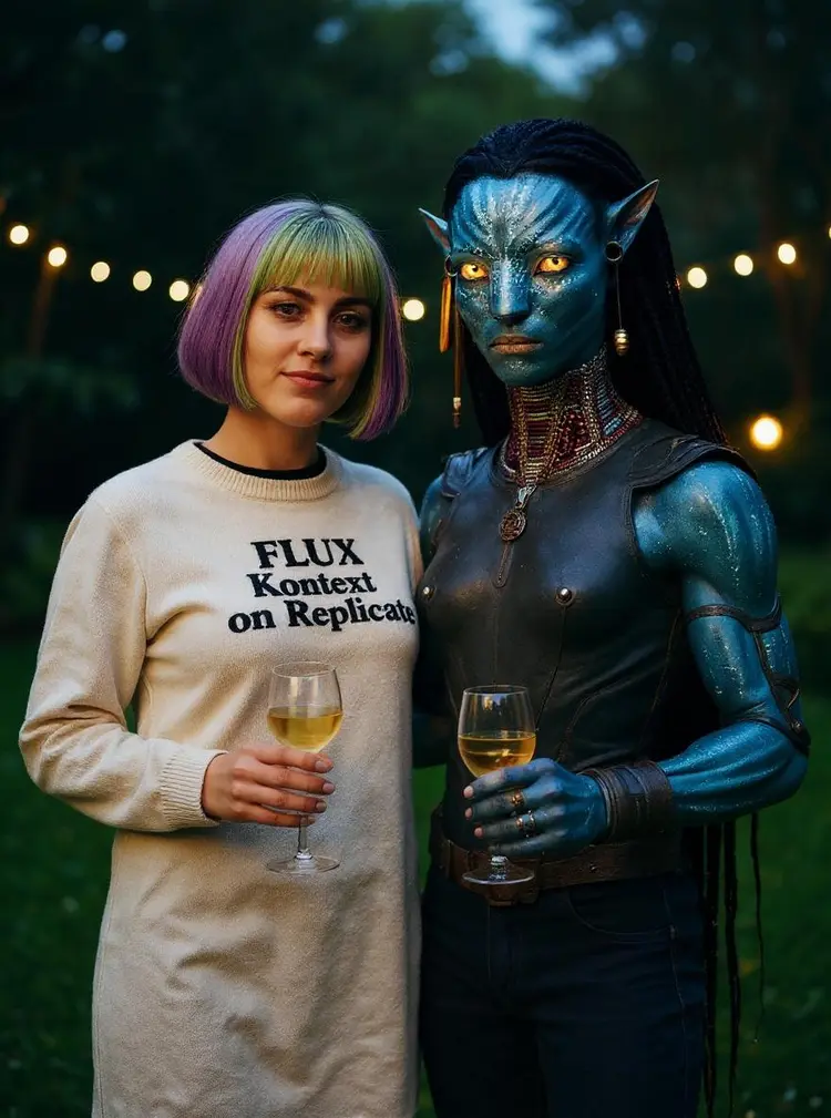 Put the woman and the na'vi together at a garden party, the friends pose in the evening light