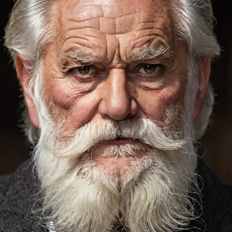 The image features an older man, a long white beard and mustache, He has a stern expression, giving the impression of a wise and experienced individual. The mans beard and mustache are prominent, adding to his distinguished appearance. The close-up shot of the mans face emphasizes his facial features and the intensity of his gaze.