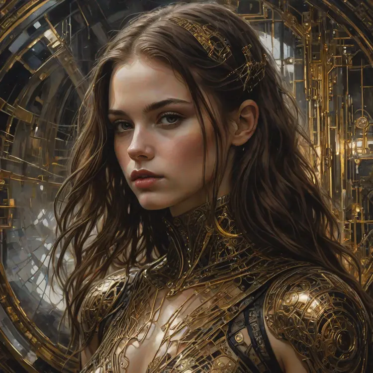 In Casey Baugh's evocative style, art of a beautiful young girl cyborg with long brown hair, futuristic, scifi, intricate, elegant, highly detailed, majestic, Baugh's brushwork infuses the painting with a unique combination of realism and abstraction, greg rutkowski, surreal gold filigree, broken glass, (masterpiece, sidelighting, finely detailed beautiful eyes: 1.2), hdr, realistic painting, natural skin, textured skin, closed mouth, crystal eyes, butterfly filigree, chest armor, eye makeup, robot joints, long hair moved by the wind, window facing to another world, Baugh's distinctive style captures the essence of the girl's enigmatic nature, inviting viewers to explore the depths of her soul, award winning art
